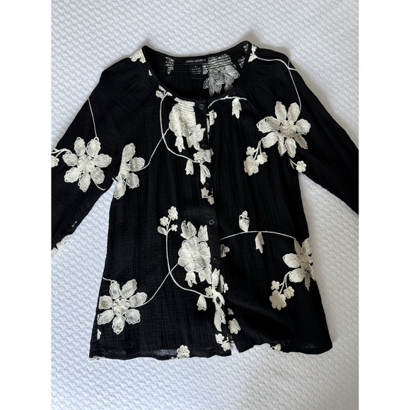 Lauren Michelle Tops - LAUREN MICHELLE Women's S Cotton Floral Embroidered Blouse Black Beige